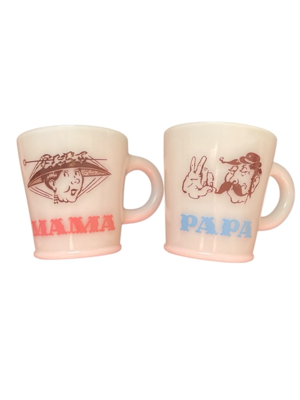 Vintage Hazel Atlas Milk Glass Mugs Mama & Papa Set of 2